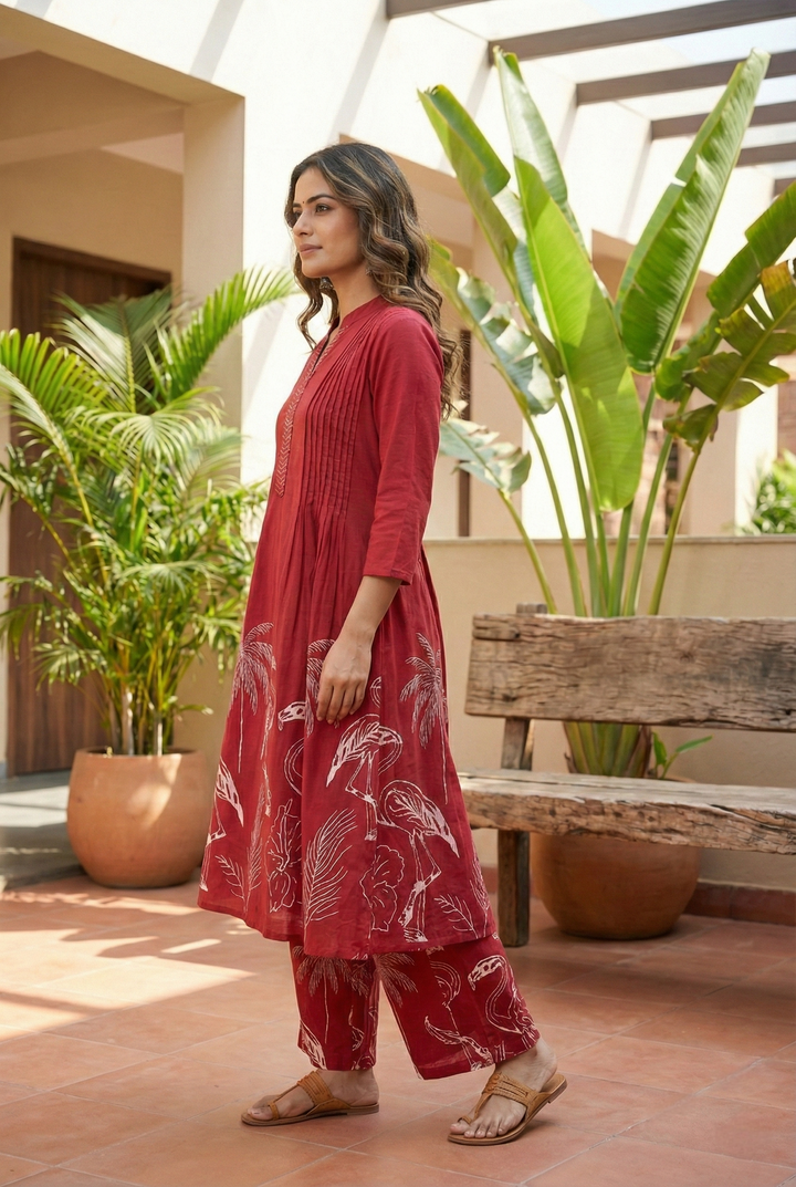 Neerus Maroon cotton printed kurta set - back view