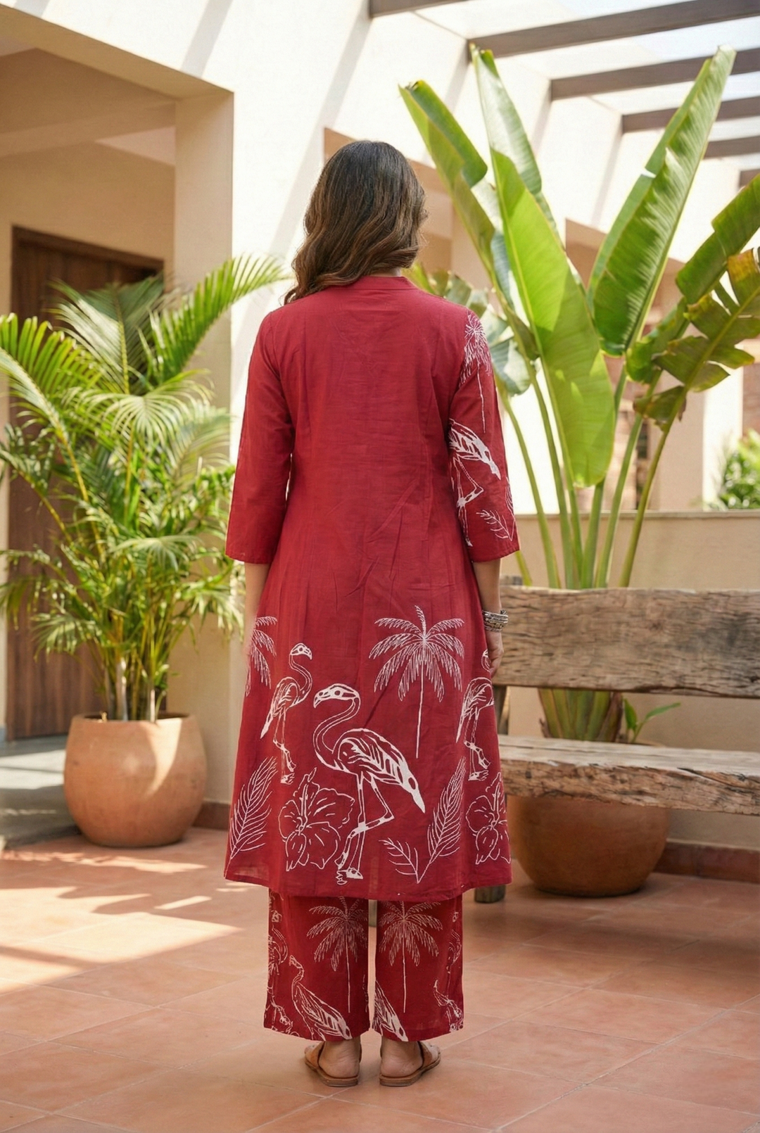 Neerus Maroon cotton printed kurta set - side view