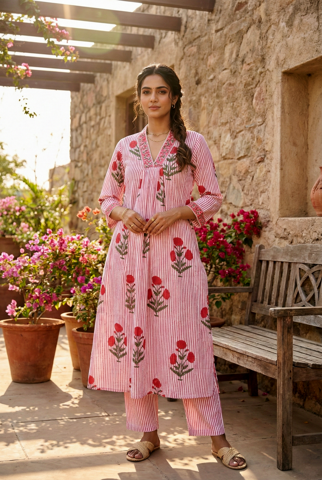 Neerus Red cotton printed kurta set - front view