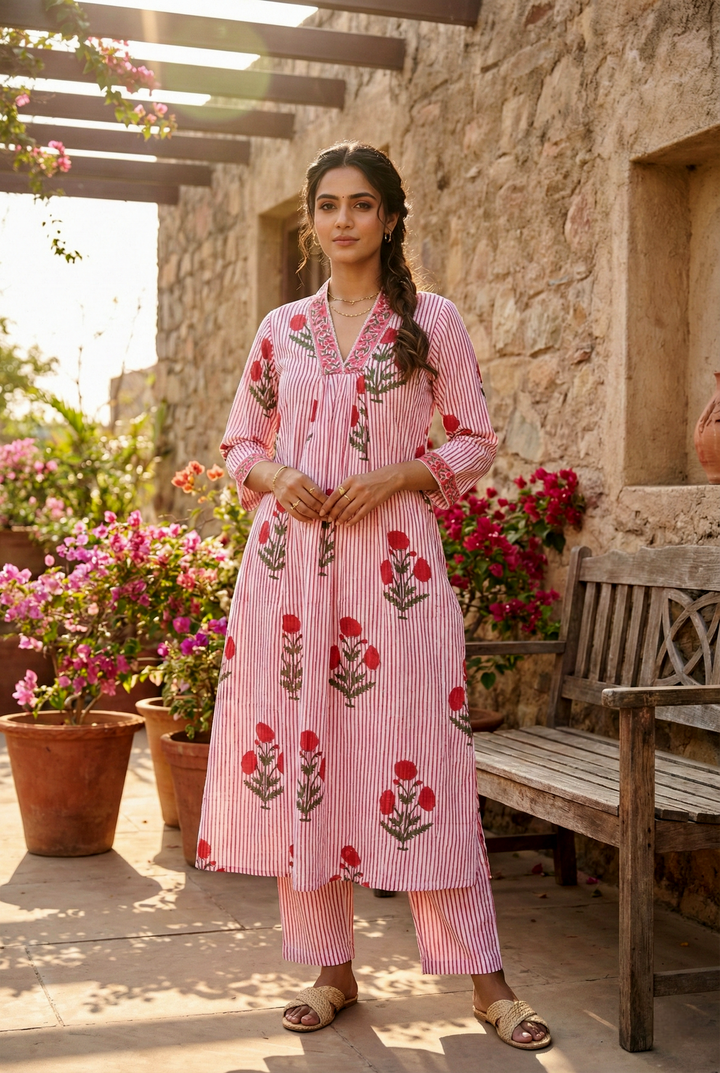 Neerus Red cotton printed kurta set - front view