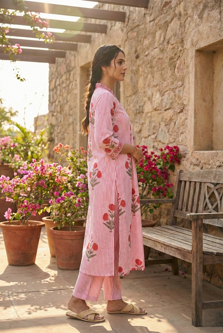 Neerus Red cotton printed kurta set - back view