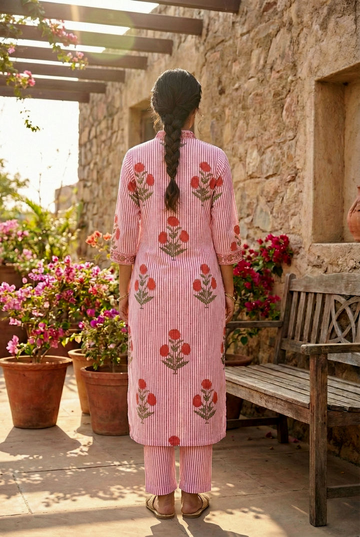 Neerus Red cotton printed kurta set - side view