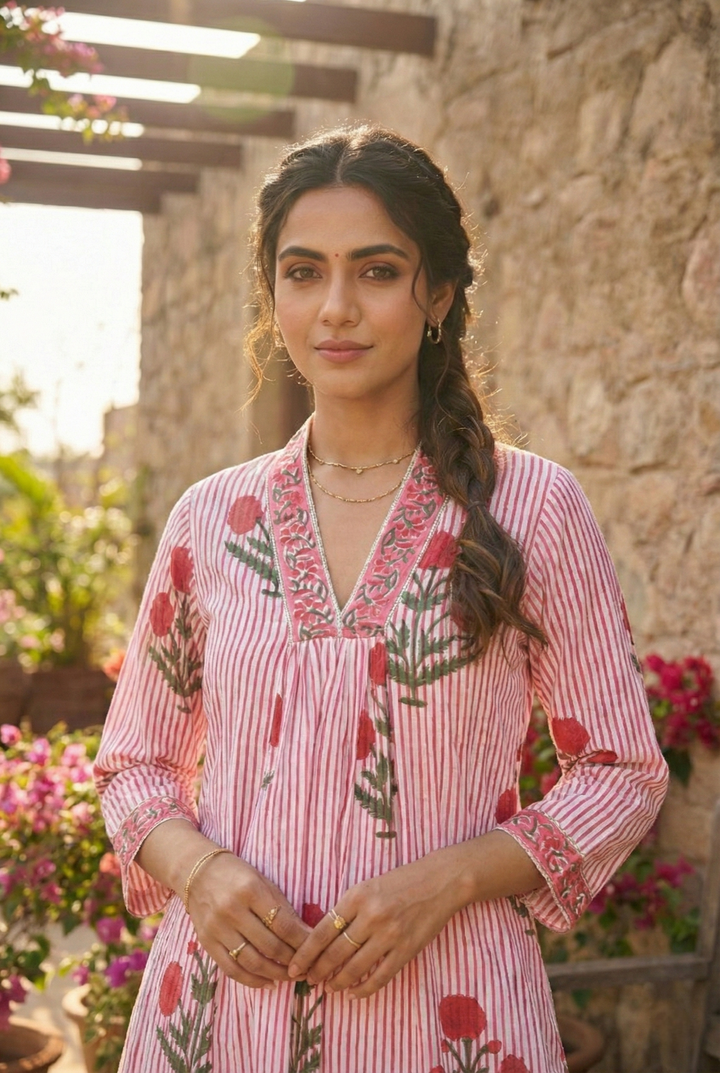Neerus Red cotton printed kurta set - detail view 1