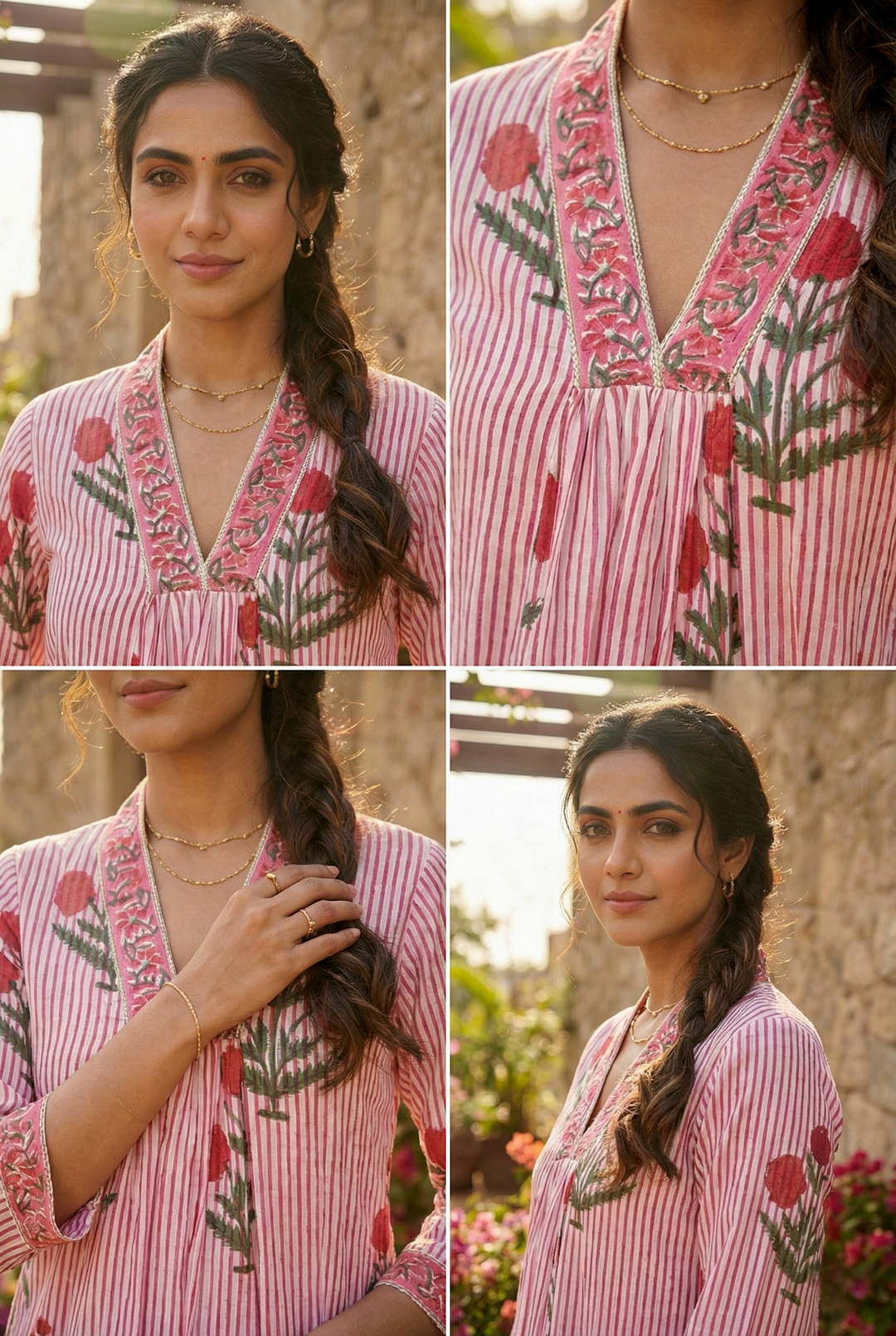 Neerus Red cotton printed kurta set - detail view 2