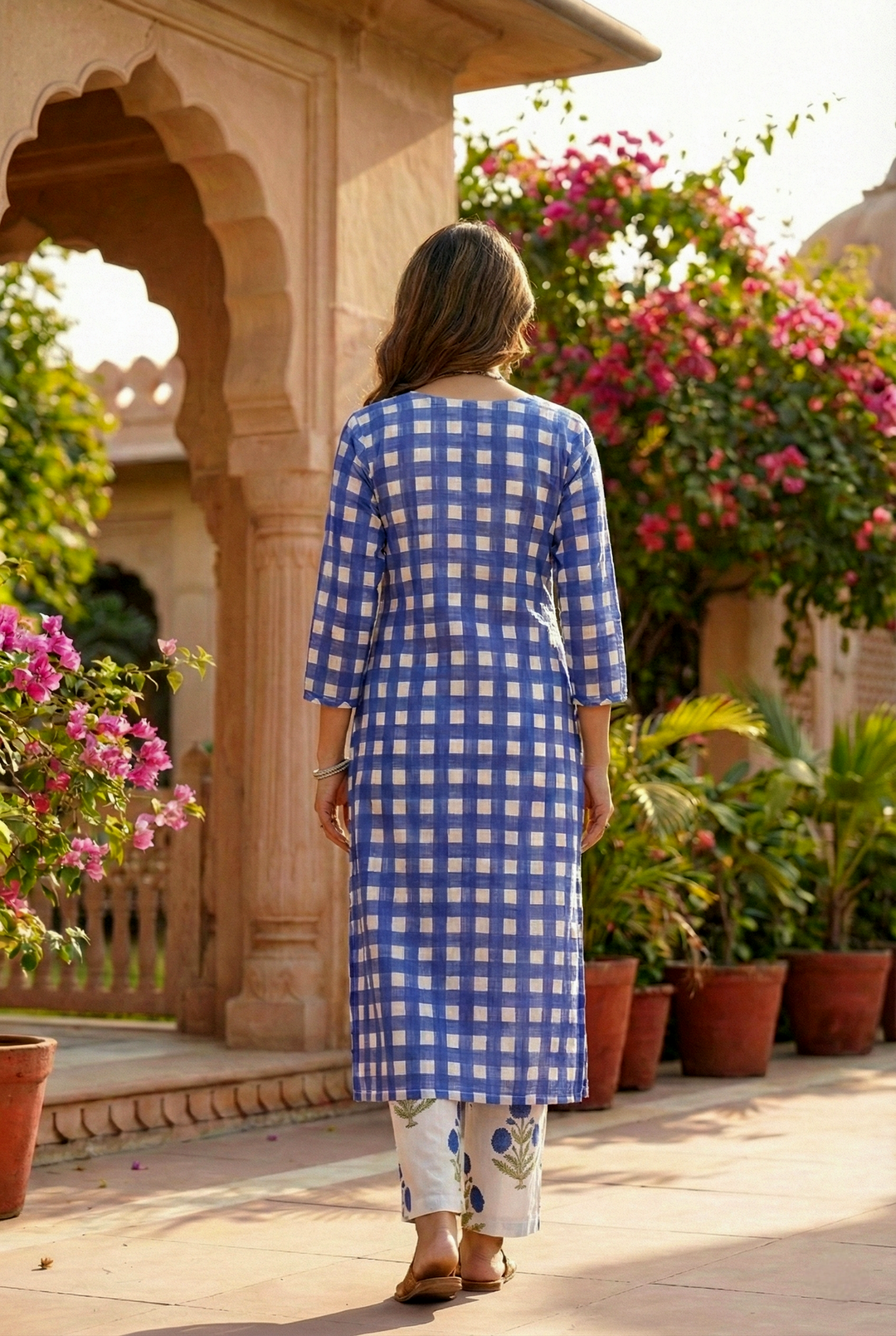Neerus Blue cotton printed kurta set - back view