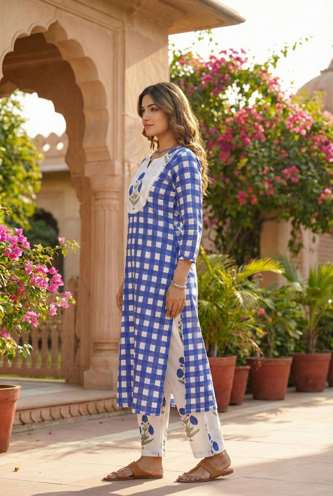 Neerus Blue cotton printed kurta set - side view