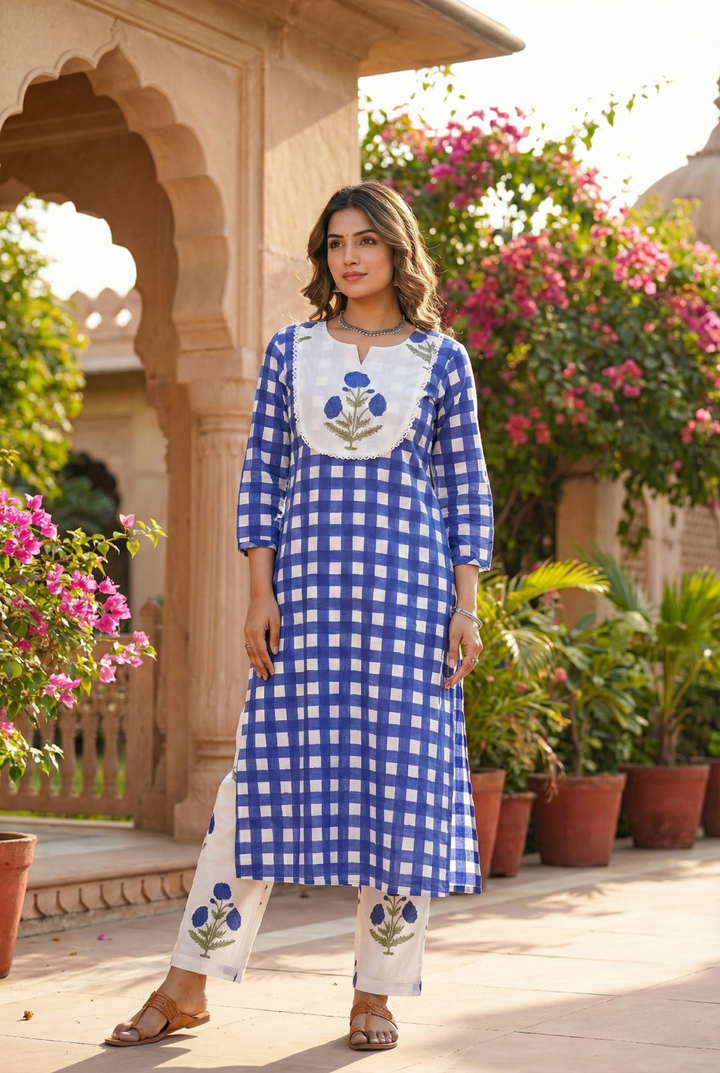 Neerus Blue cotton printed kurta set - front view