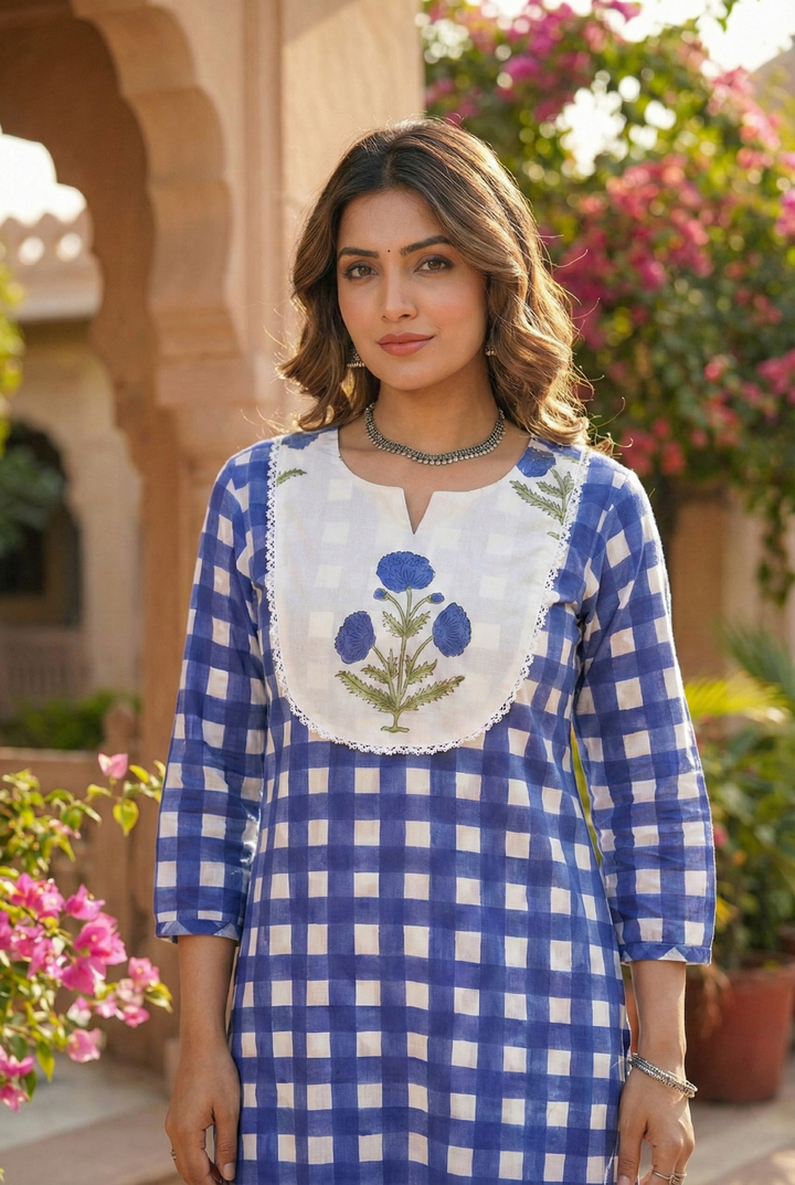Neerus Blue cotton printed kurta set - detail view 1