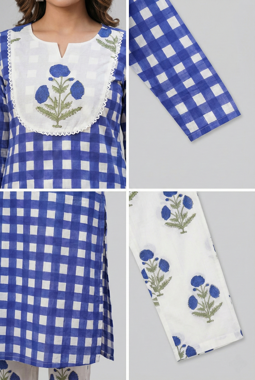 Neerus Blue cotton printed kurta set - detail view 2
