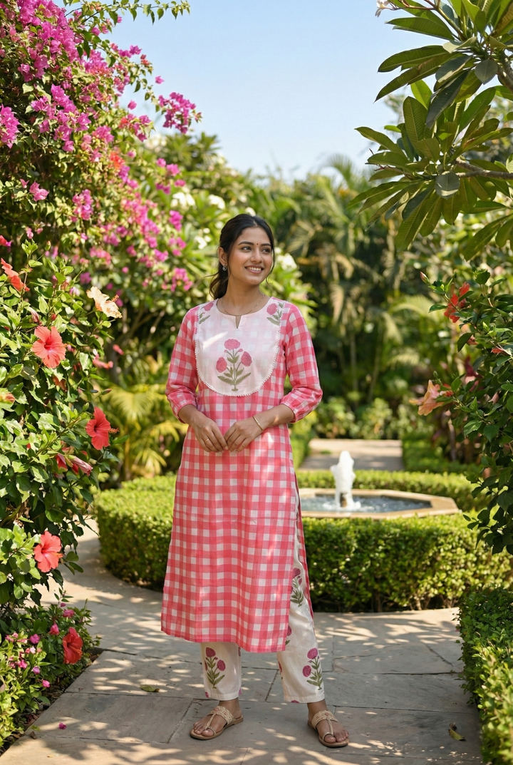 Neerus Pink cotton printed kurta set - front view