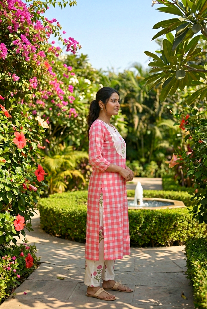 Neerus Pink cotton printed kurta set - back view
