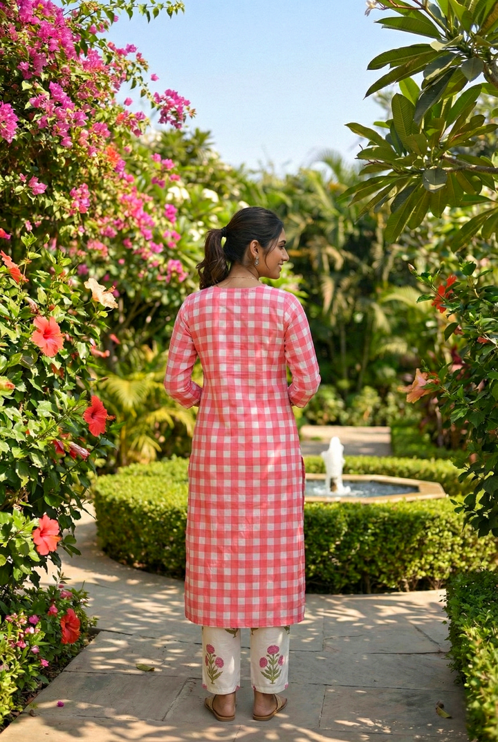 Neerus Pink cotton printed kurta set - side view