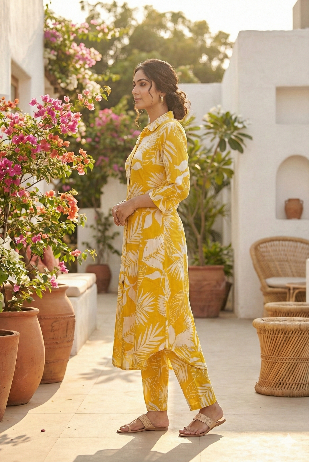Neerus Yellow cotton solid kurta set - back view