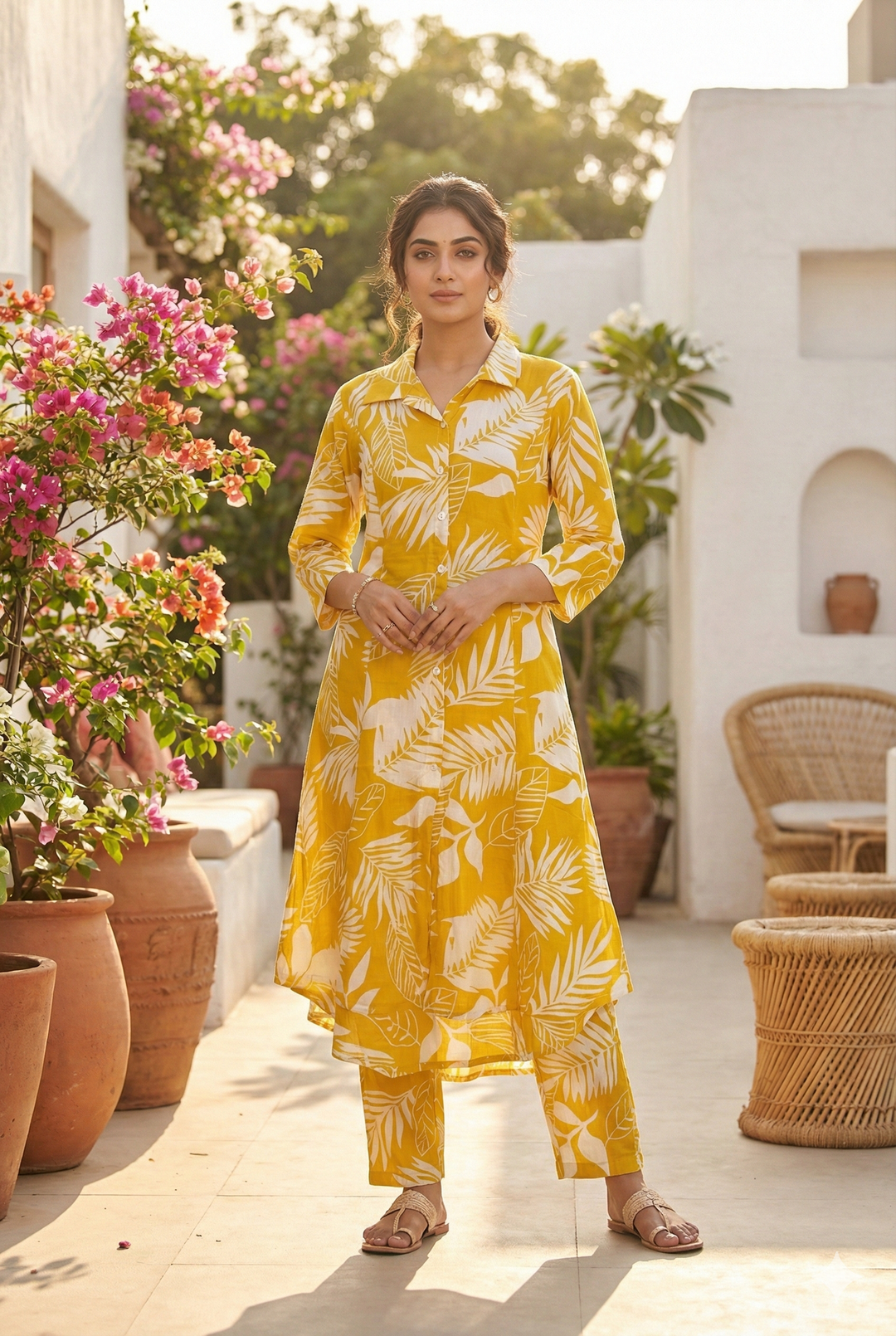 Neerus Yellow cotton solid kurta set - front view