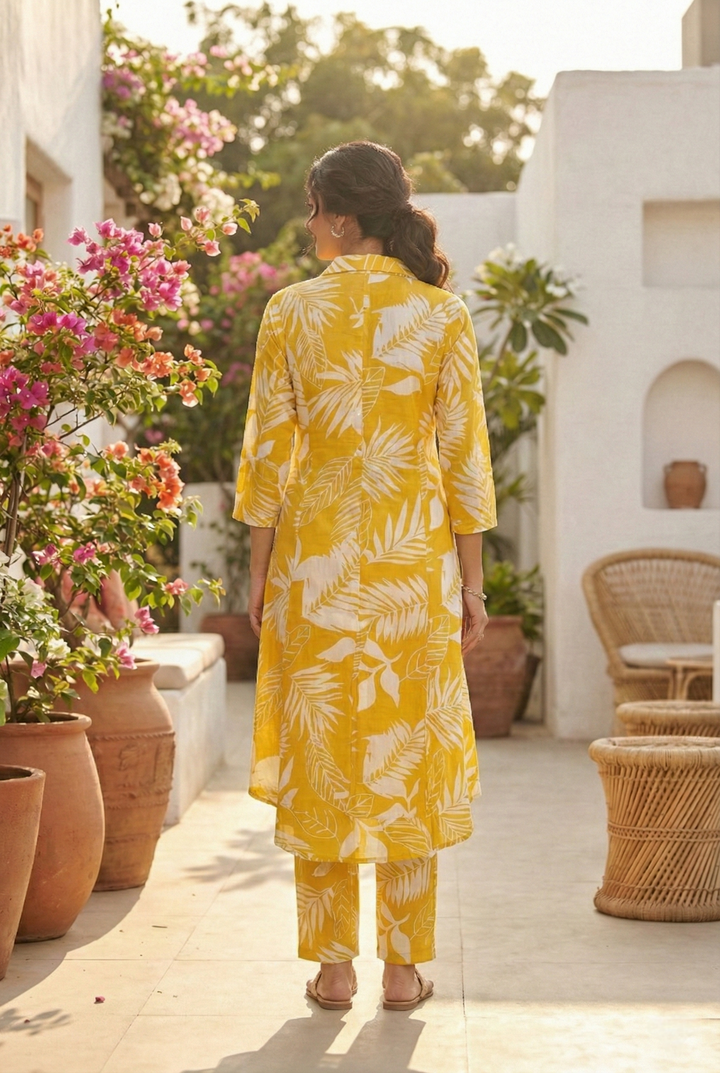 Neerus Yellow cotton solid kurta set - side view