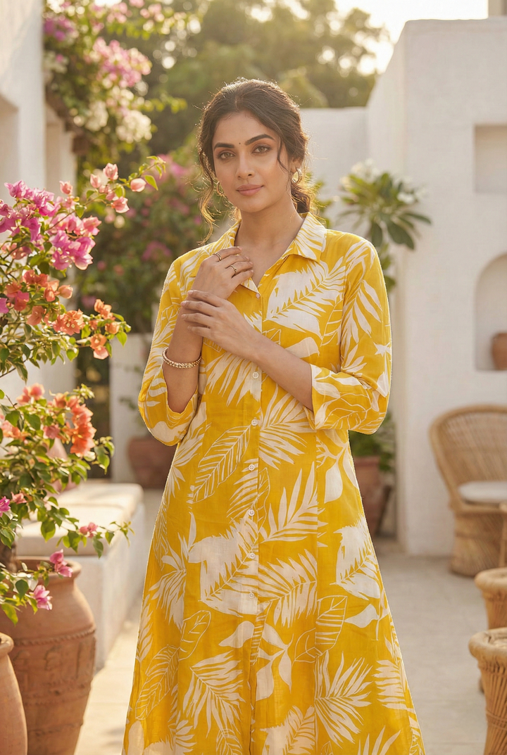 Neerus Yellow cotton solid kurta set - detail view 1