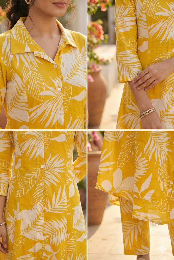 Neerus Yellow cotton solid kurta set - detail view 2
