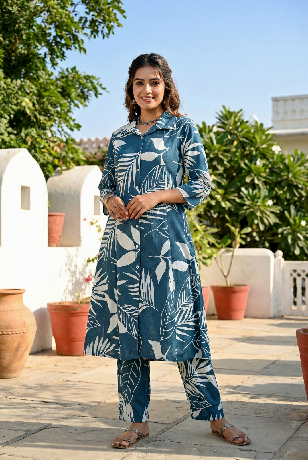 Neerus Green cotton printed kurta set - front view