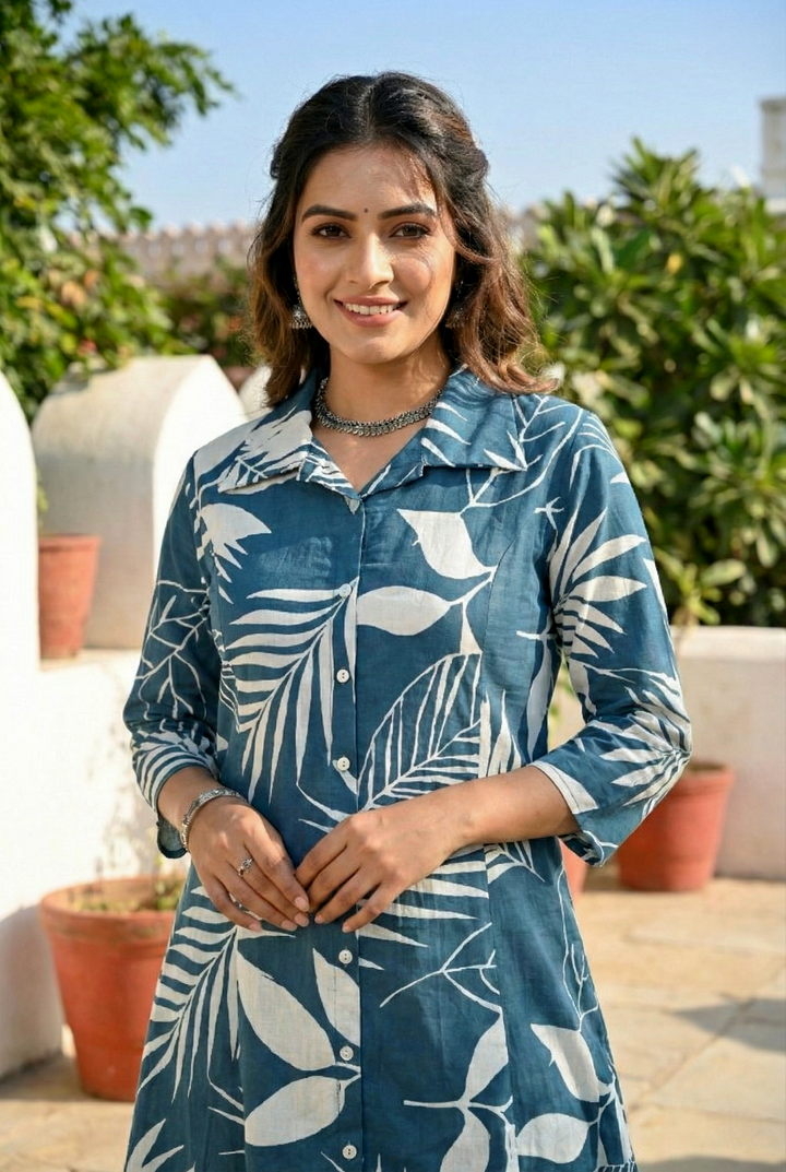 Neerus Green cotton printed kurta set - side view