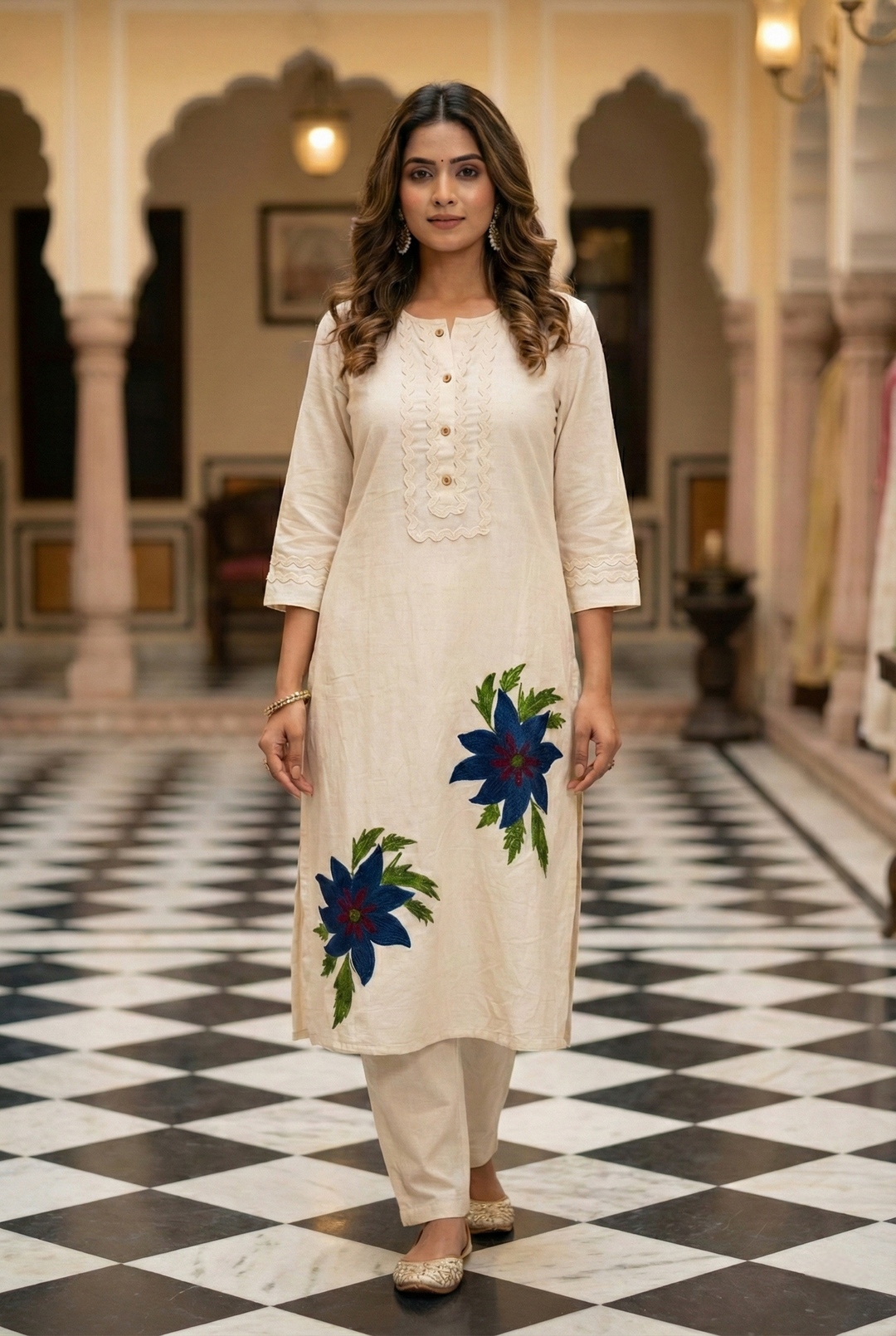 Neerus White cotton kurta set ivory blue two piece - front view