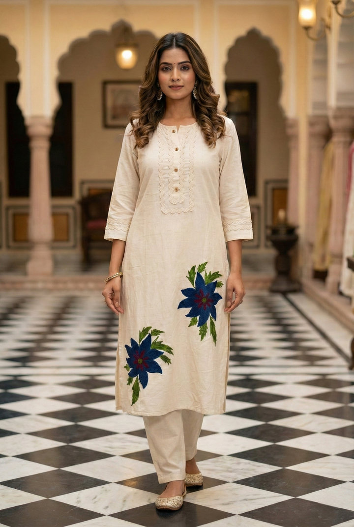Neerus White cotton kurta set ivory blue two piece - front view