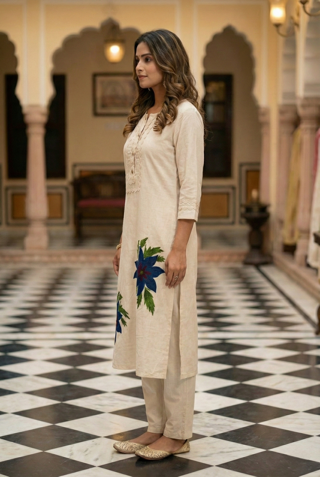 Neerus White cotton kurta set ivory blue two piece - back view