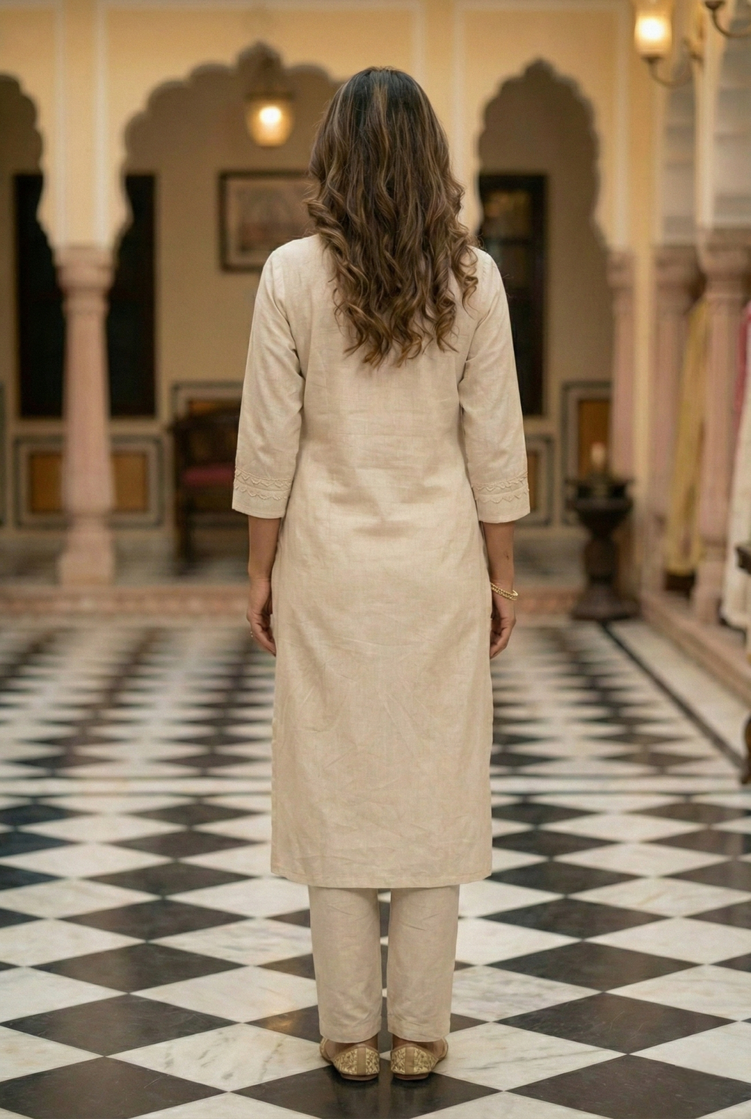 Neerus White cotton kurta set ivory blue two piece - side view