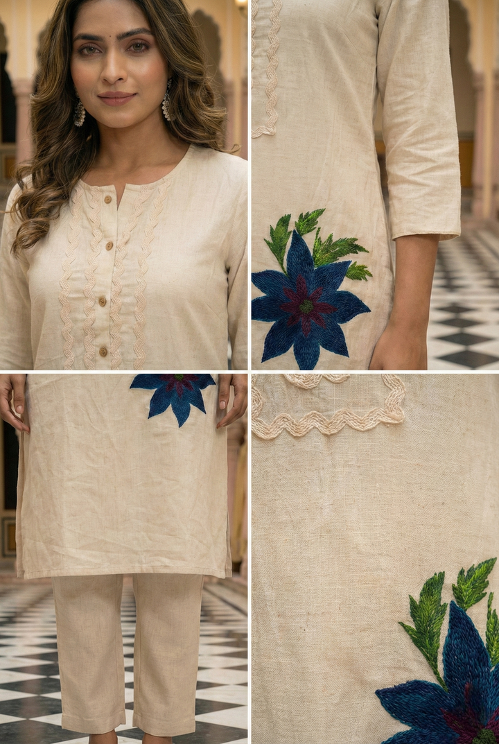 Neerus White cotton kurta set ivory blue two piece - detail view 2