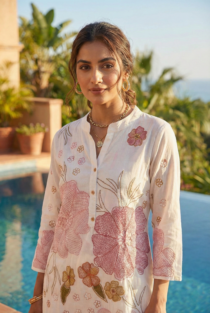 Neerus White cotton printed kurta set - detail view 1