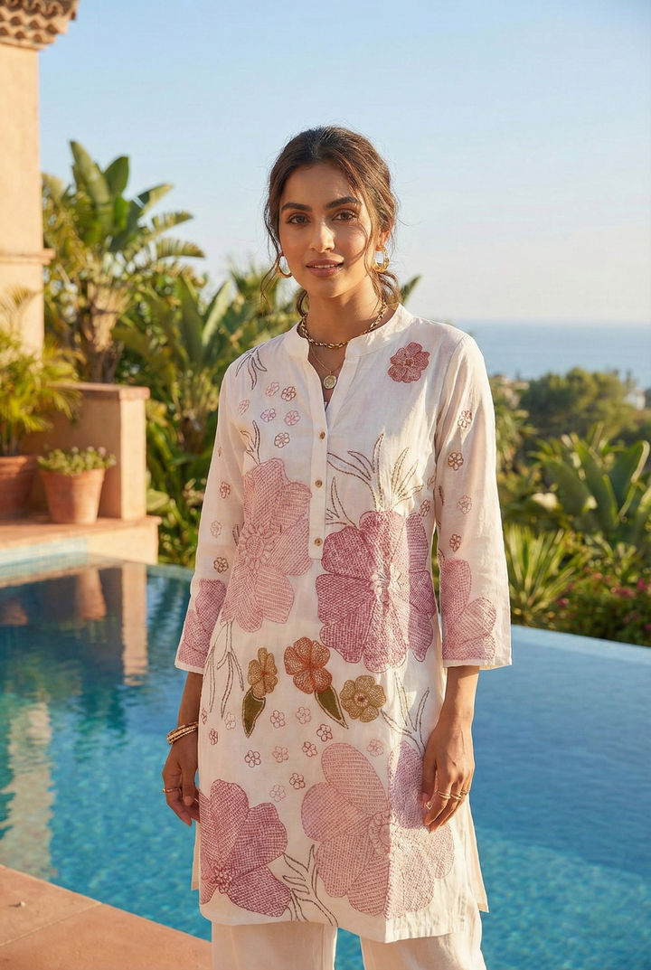 Neerus White cotton printed kurta set - detail view 3