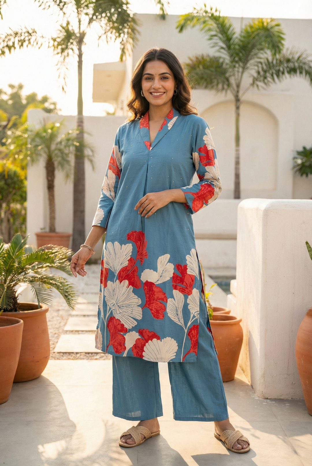 Neerus Green cotton digital printed kurta set - front view