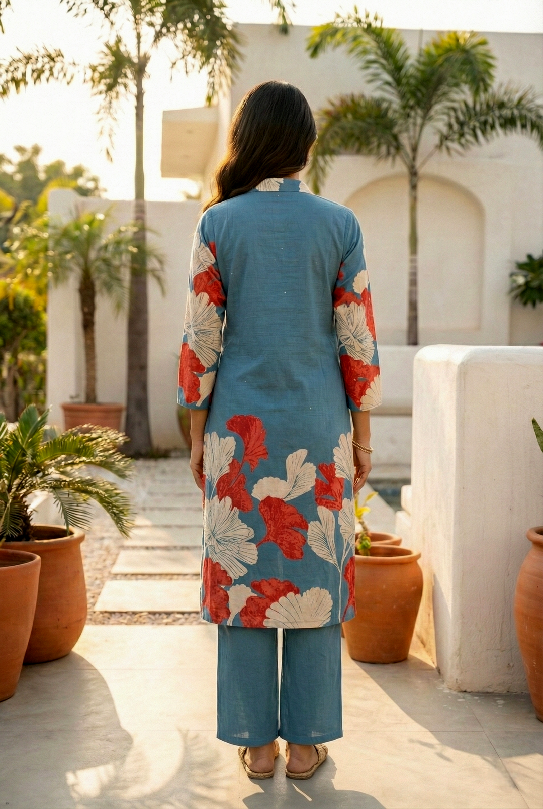 Neerus Green cotton digital printed kurta set - back view
