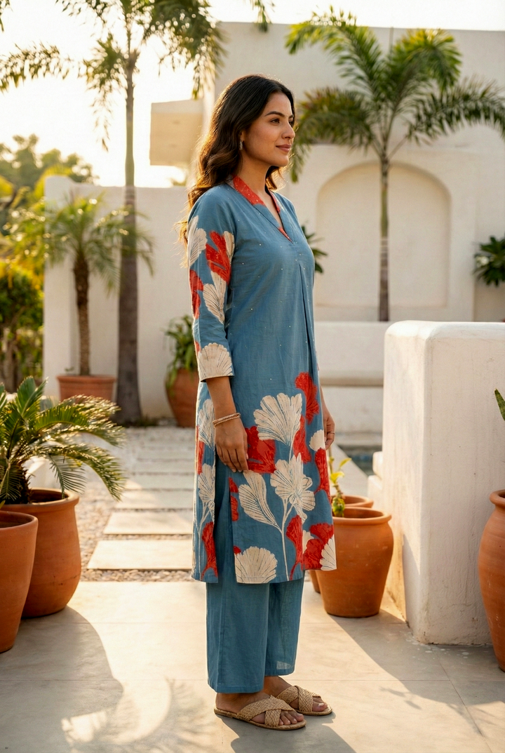 Neerus Green cotton digital printed kurta set - side view