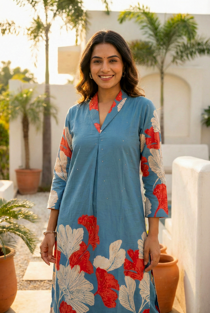 Neerus Green cotton digital printed kurta set - detail view 2