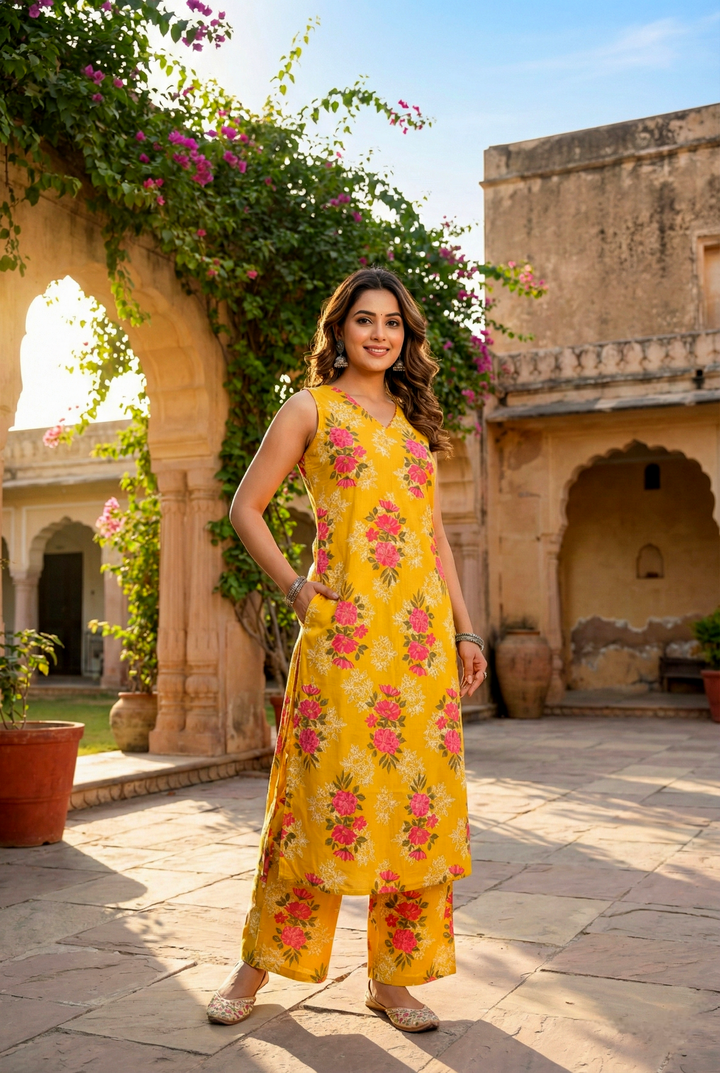 Neerus Yellow cotton digital printed kurta set - front view