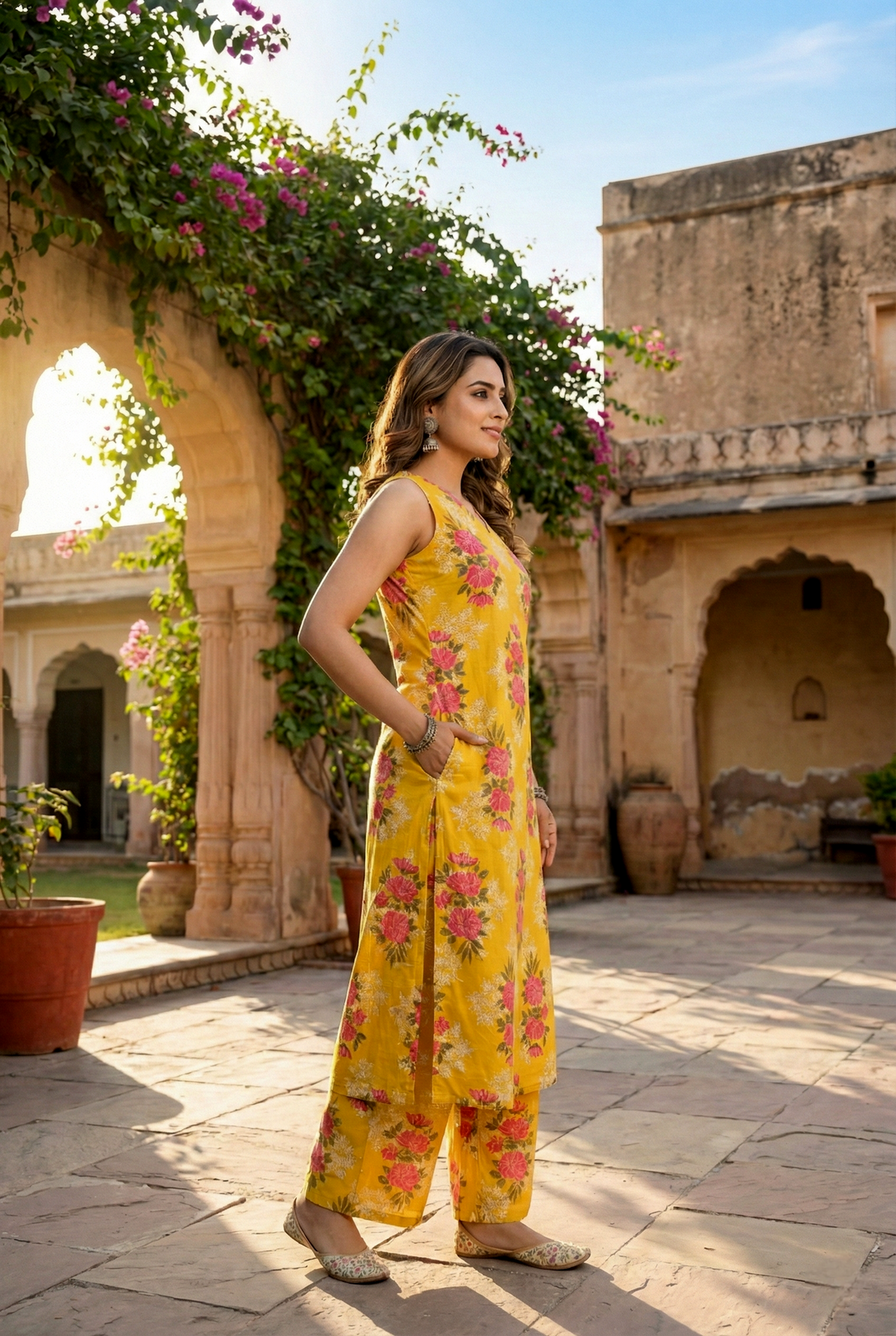 Neerus Yellow cotton digital printed kurta set - back view