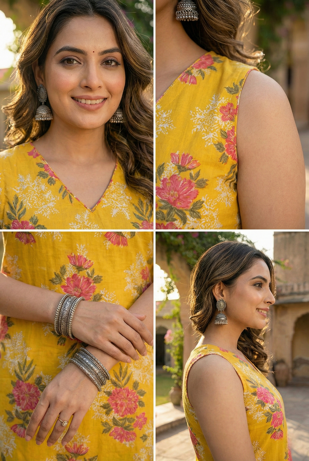 Neerus Yellow cotton digital printed kurta set - detail view 2