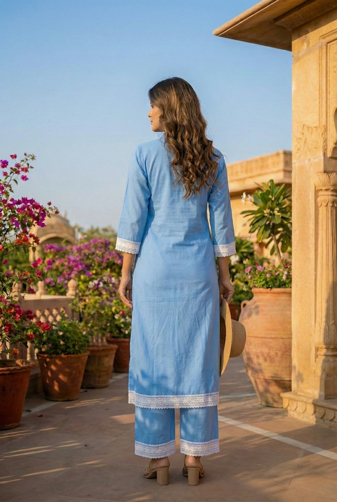 Neerus Blue cotton thread embroidered kurta set - back view