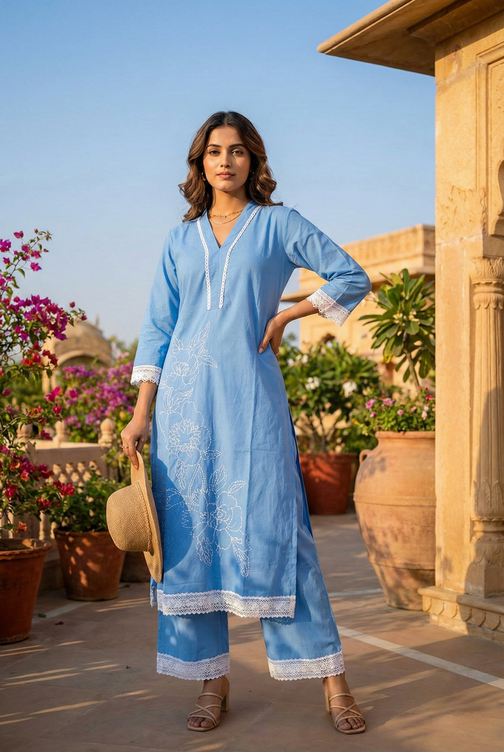 Neerus Blue cotton thread embroidered kurta set - front view