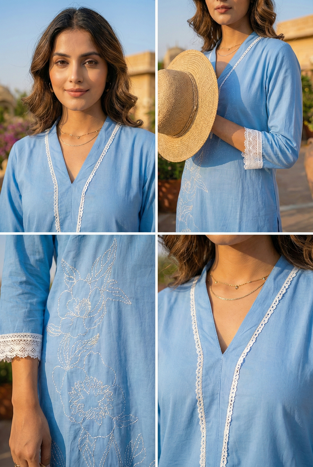 Neerus Blue cotton thread embroidered kurta set - detail view 1