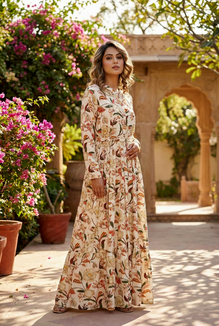 Neerus White rayon hand embroidered maxi dress - front view