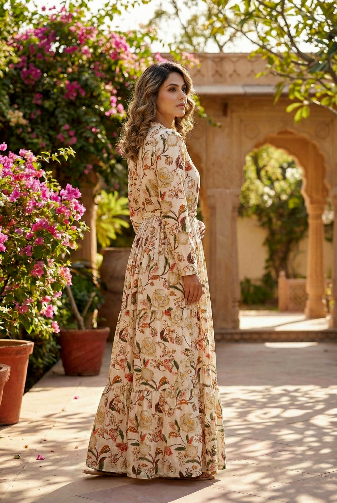 Neerus White rayon hand embroidered maxi dress - back view
