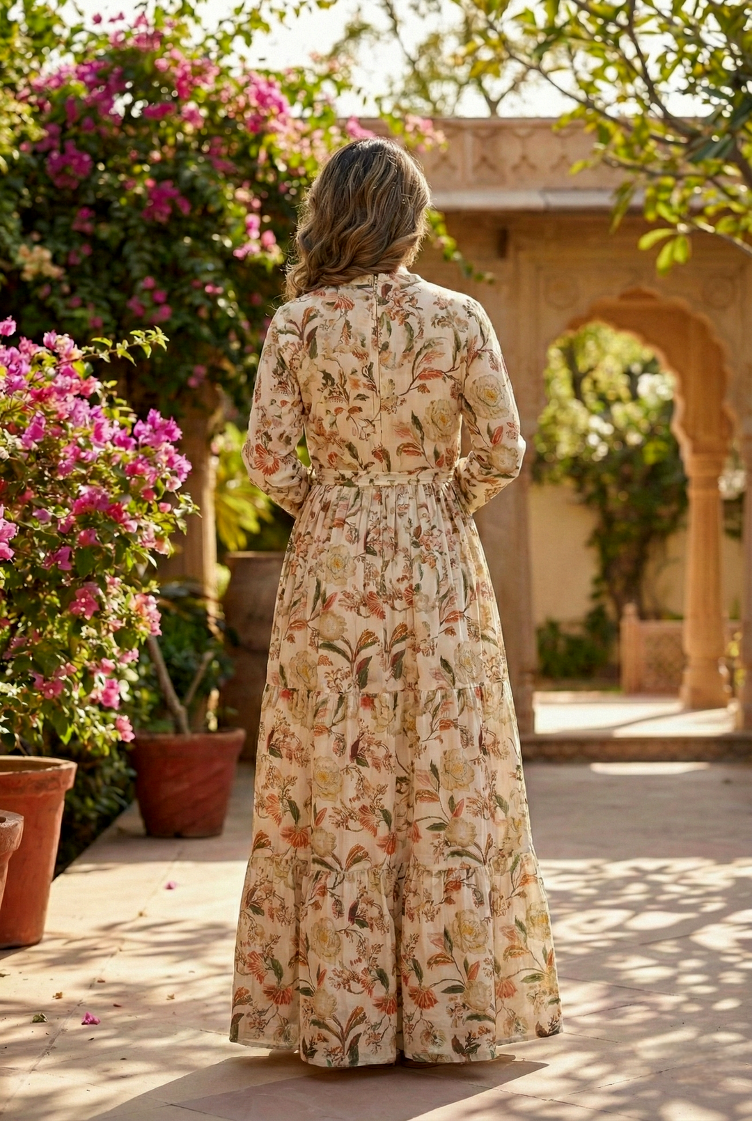 Neerus White rayon hand embroidered maxi dress - side view
