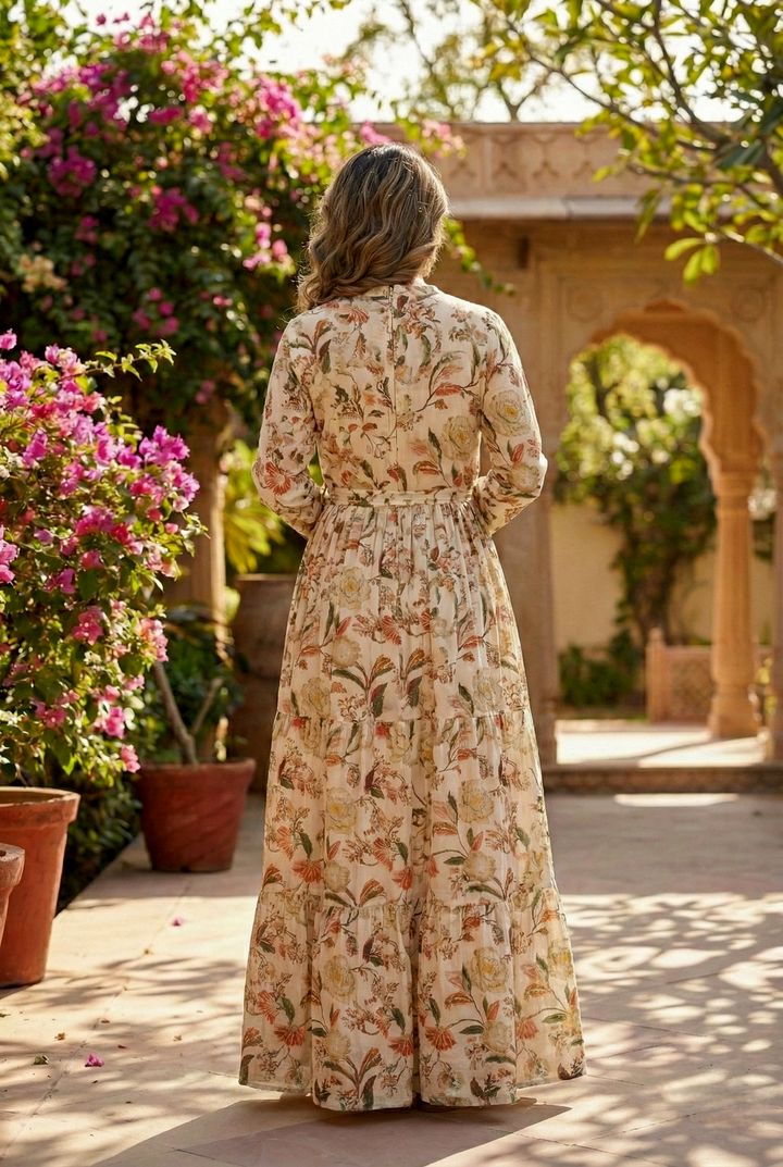 Neerus White rayon hand embroidered maxi dress - side view