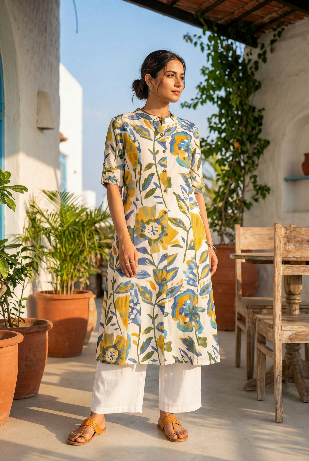Neerus Blue cotton digital printed kurti - back view