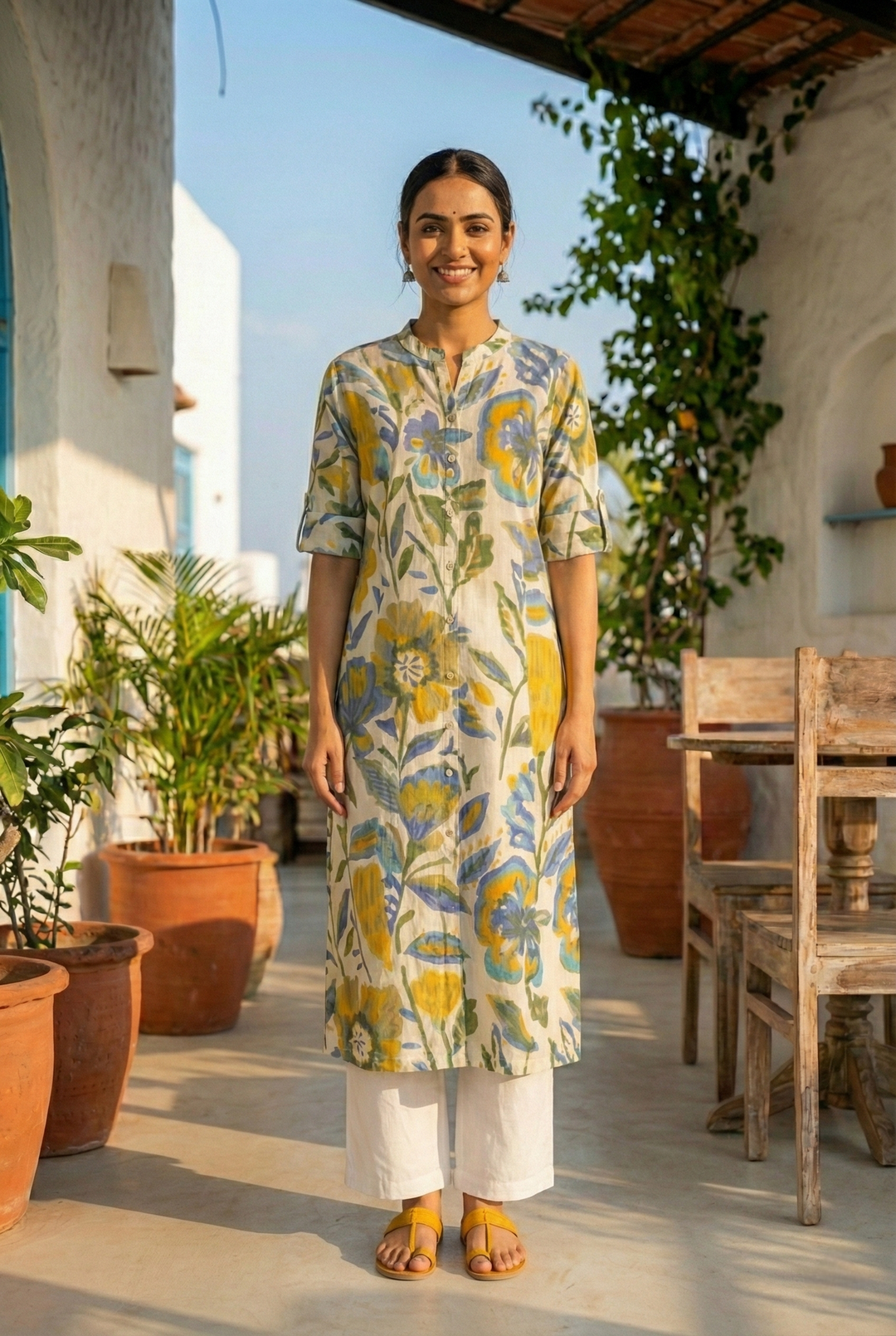 Neerus Blue cotton digital printed kurti - front view