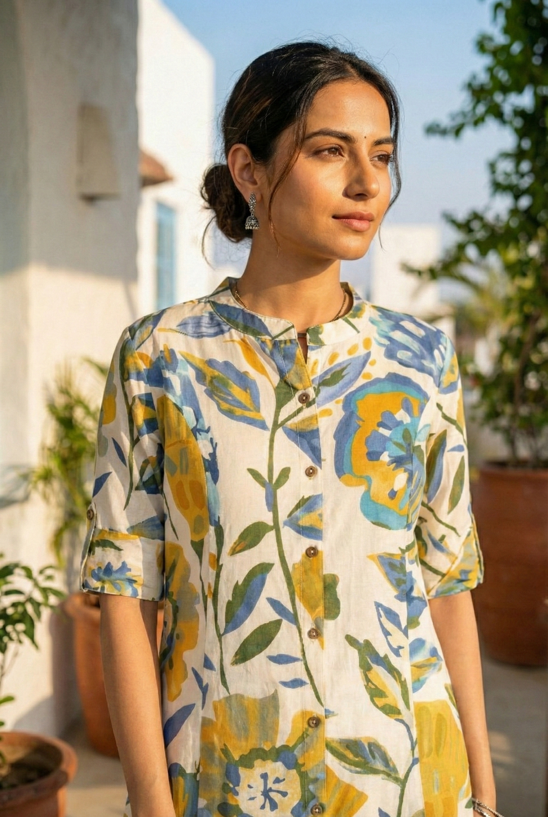 Neerus Blue cotton digital printed kurti - detail view 3