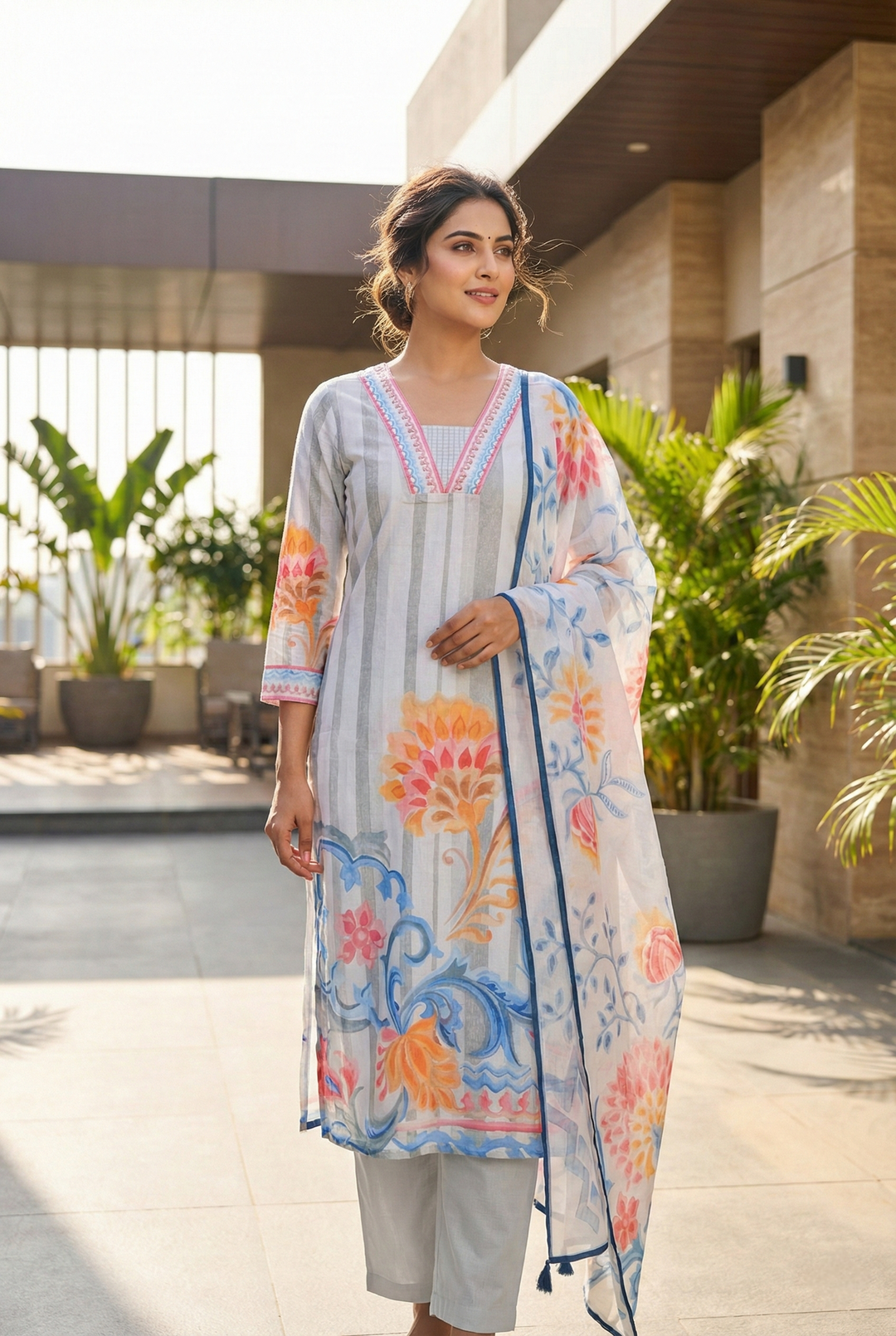 Neerus Grey cotton printed suit set - front view