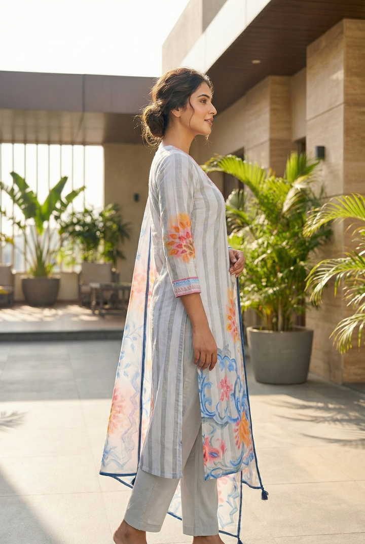 Neerus Grey cotton printed suit set - back view