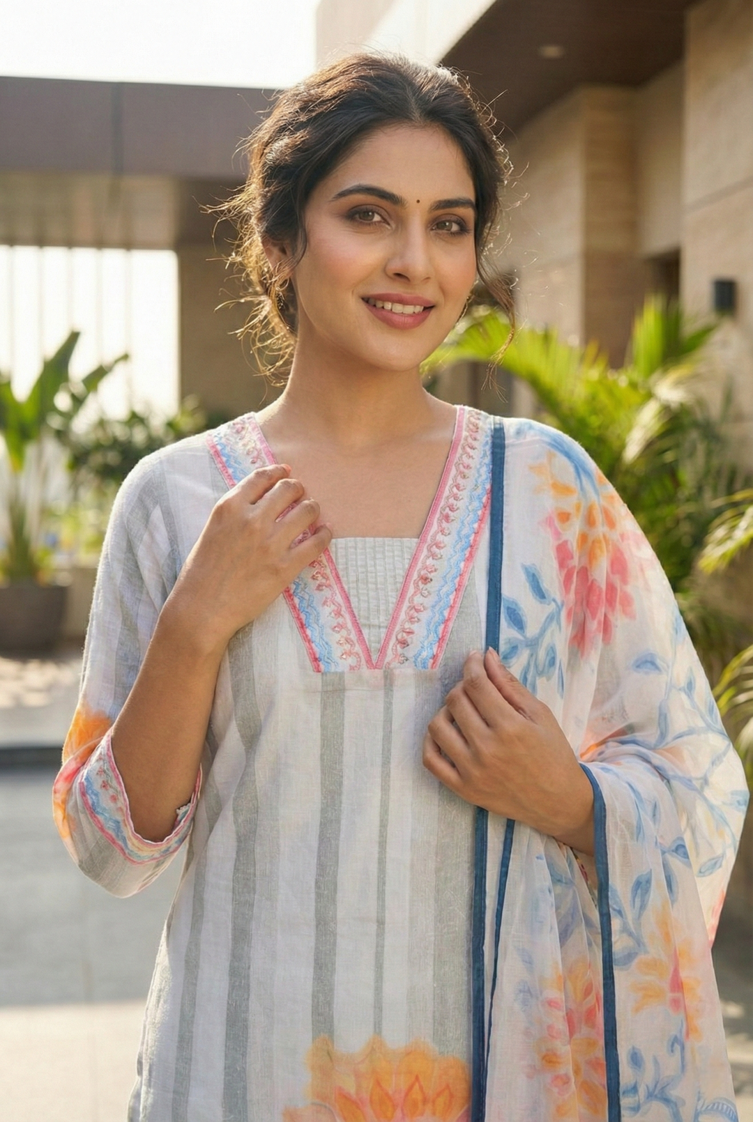 Neerus Grey cotton printed suit set - detail view 2